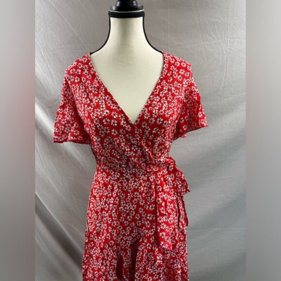 Frenchy Ditsy Floral Print Butterfly Sleeve Ruffle Trim Faux  Wrap Dress - Picture 7 of 9